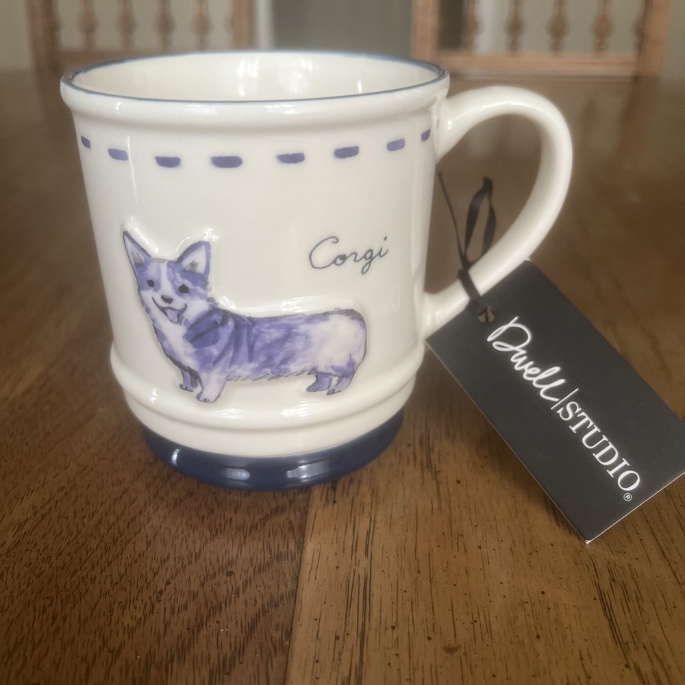 NEW-Dwell Studio-Corgi Dog Ceramic Coffee Mug Navy Cream Watercolor Embossed